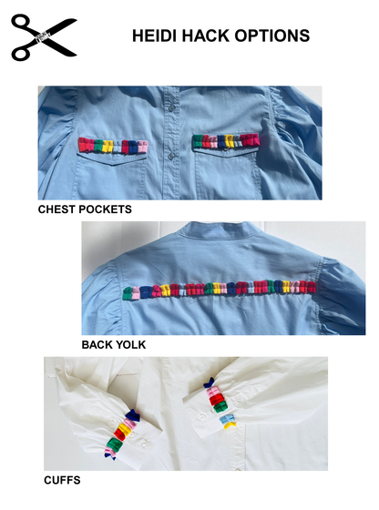 A collage showing three locations on a light blue button-up shirt where colorful striped fabric tabs or patches can be attached: chest pockets, back yoke, and cuffs. The top of the image includes the text 'HEIDI HACK OPTIONS' and a scissors icon, with labels 'CHEST POCKETS', 'BACK YOLK', and 'CUFFS'.