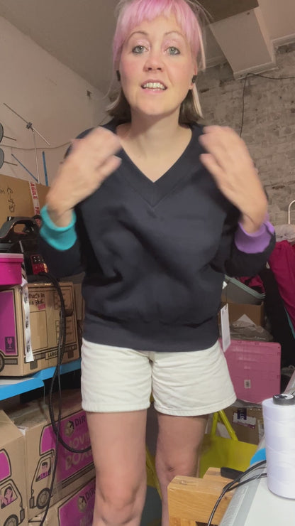RTW - V-Neck Heidi Jumper with Colourpop Cuffs - Navy (4XL)